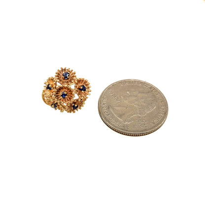 Vintage 1960s Blue Sapphire and 14 Karat Yellow Gold Pierced Flower Earrings