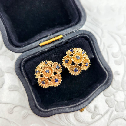 Vintage 1960s Blue Sapphire and 14 Karat Yellow Gold Pierced Flower Earrings