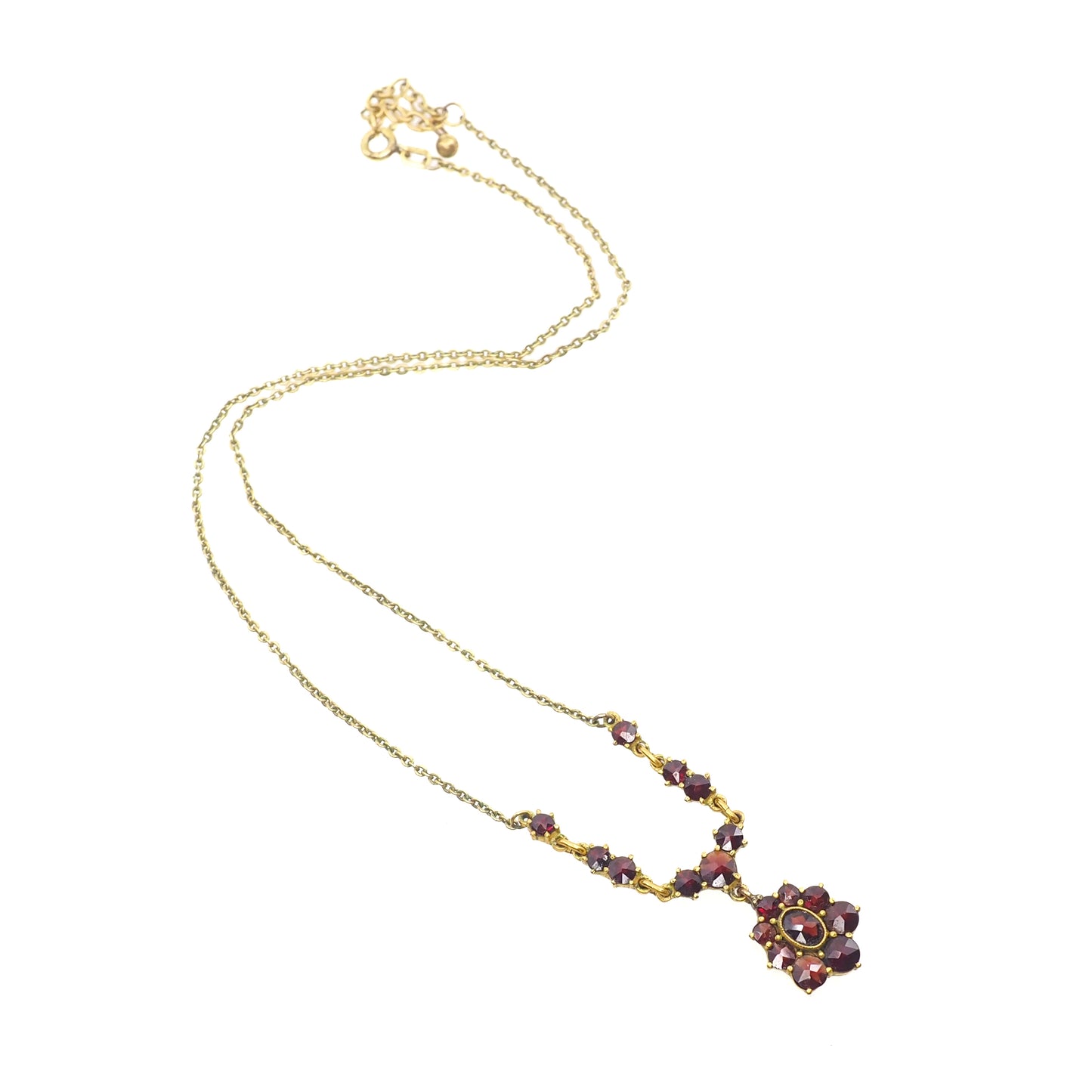 Vintage 1970s Rose Cut Red Garnet and Gold Washed Silver 17-19" Necklace