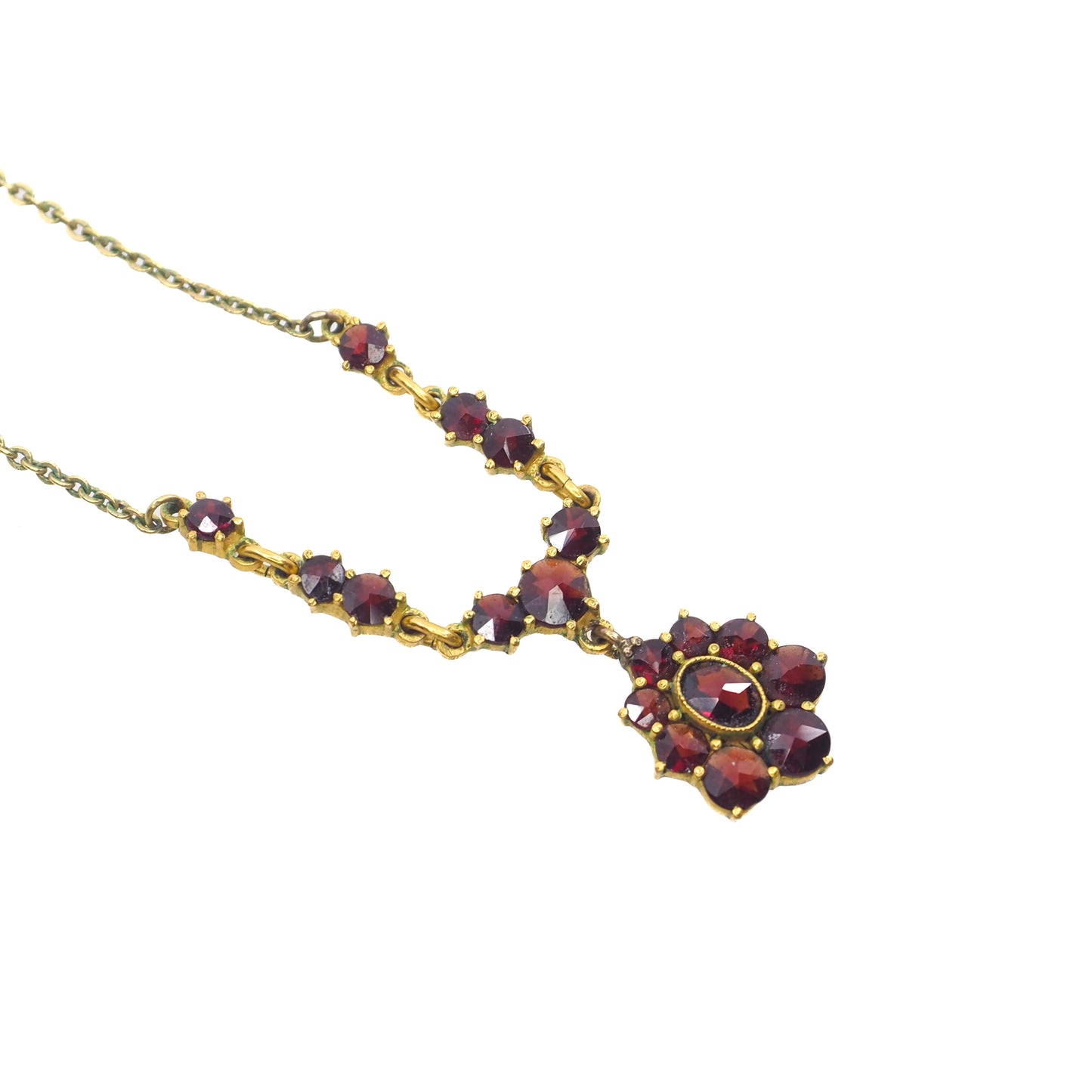 Vintage 1970s Rose Cut Red Garnet and Gold Washed Silver 17-19" Necklace