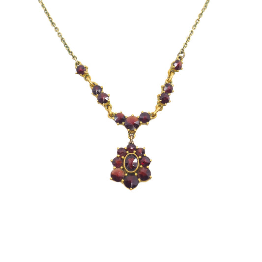 Vintage 1970s Rose Cut Red Garnet and Gold Washed Silver 17-19" Necklace