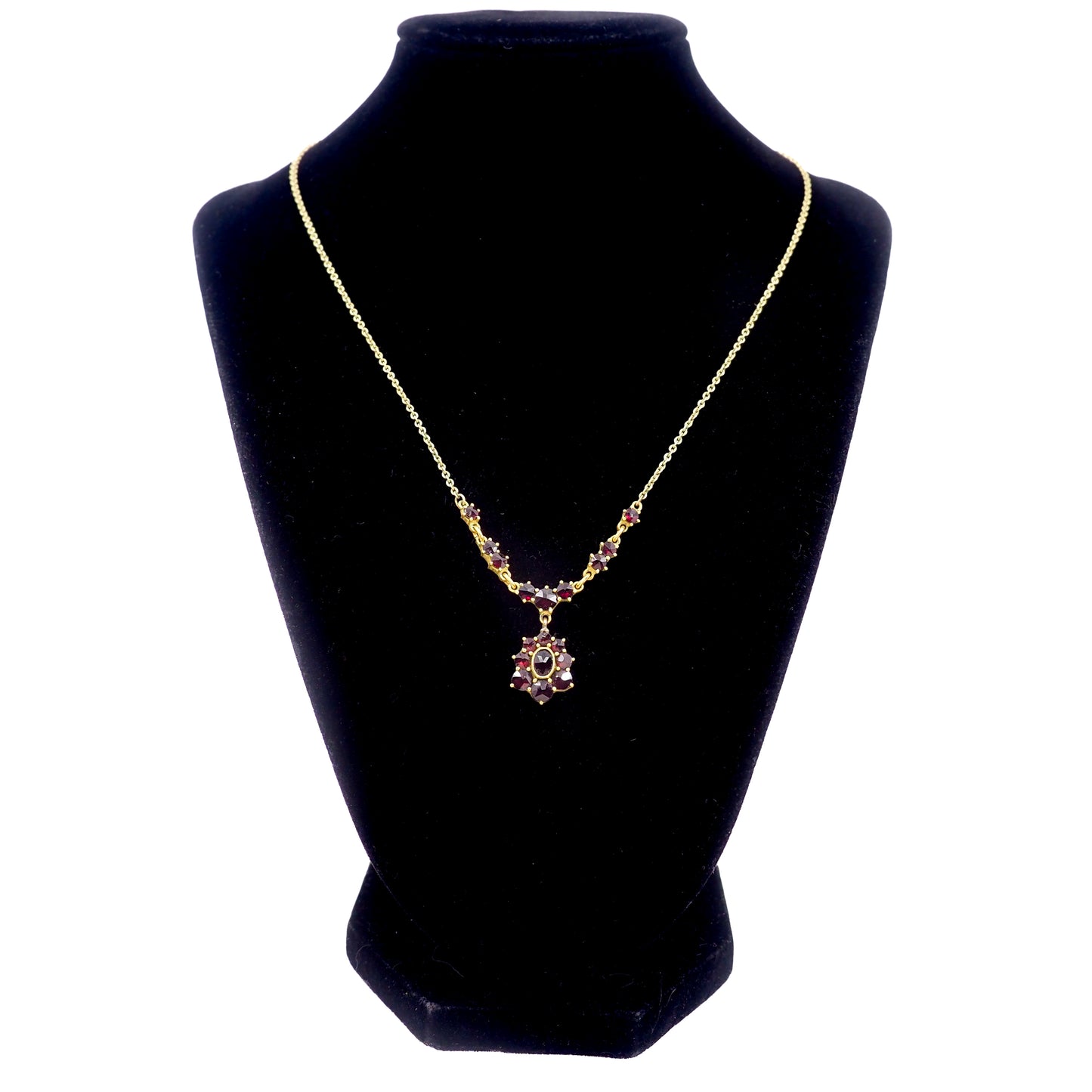 Vintage 1970s Rose Cut Red Garnet and Gold Washed Silver 17-19" Necklace