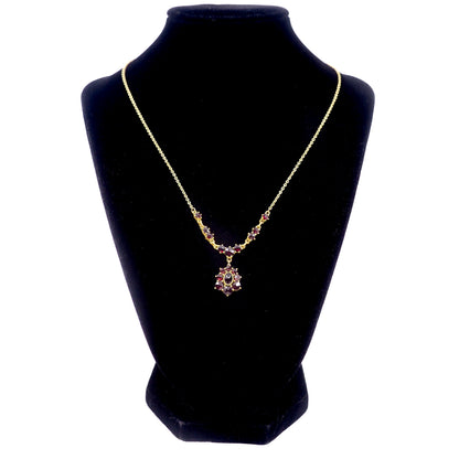 Vintage 1970s Rose Cut Red Garnet and Gold Washed Silver 17-19" Necklace