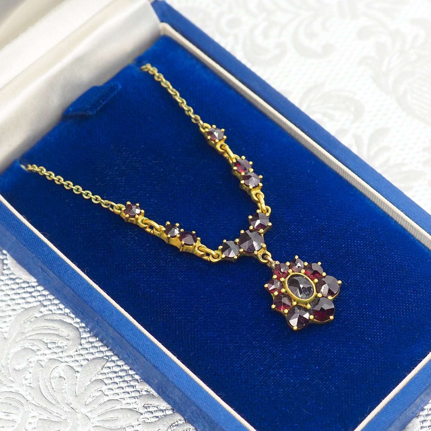 Vintage 1970s Rose Cut Red Garnet and Gold Washed Silver 17-19" Necklace