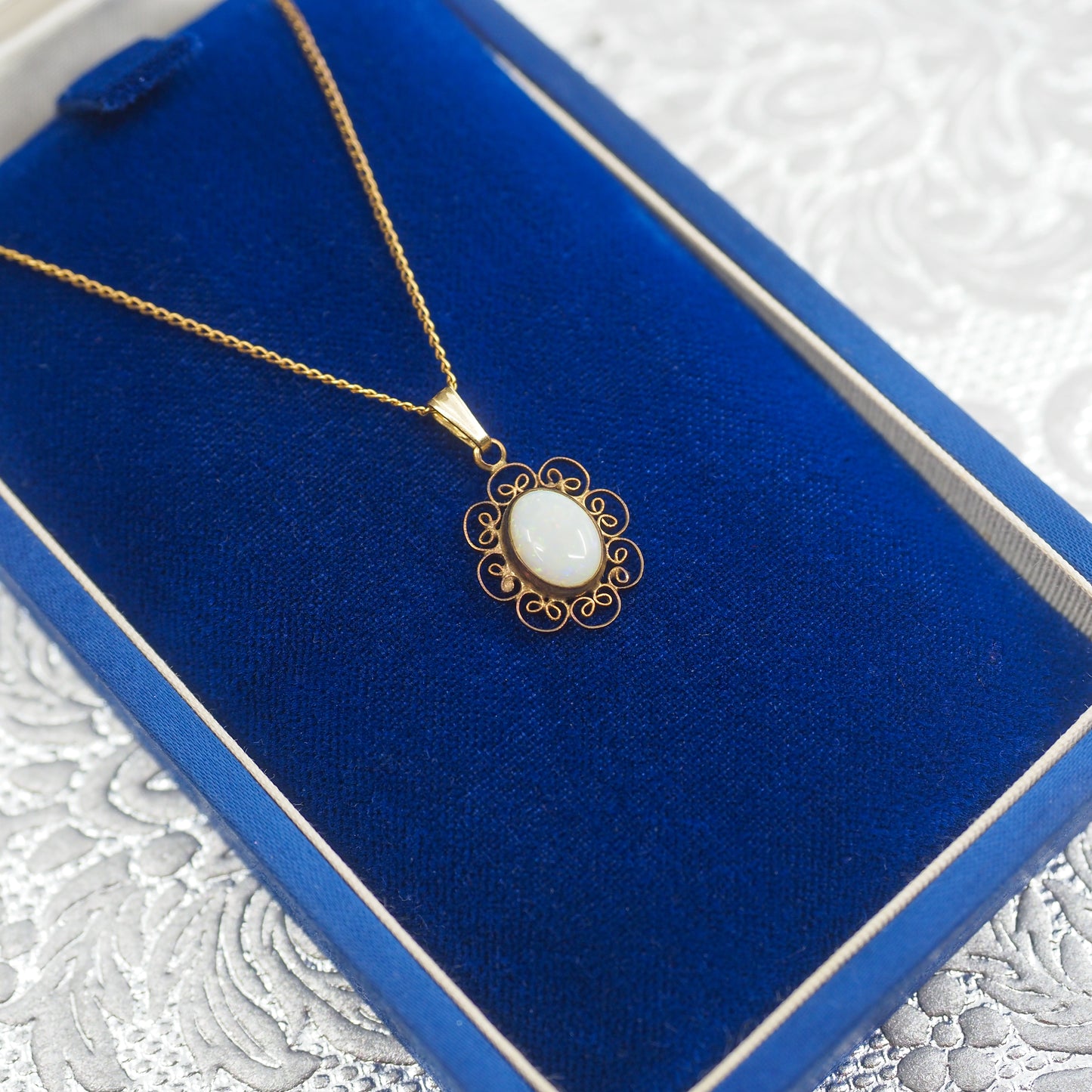 Vintage 1970s CARLA Opal Pendant Gold Filled Scroll 18" Necklace