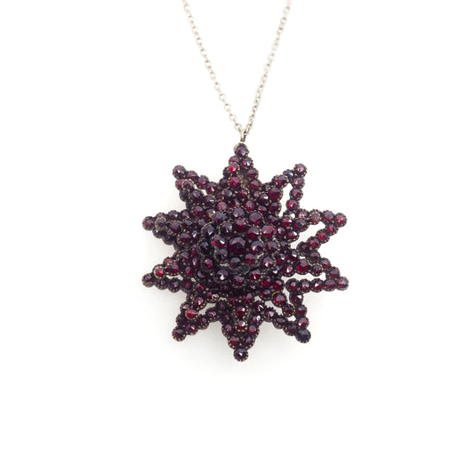 Antique 1890s Victorian Bohemian Garnet and Gilt Starburst Pin and Pendant Combo 16" Necklace
