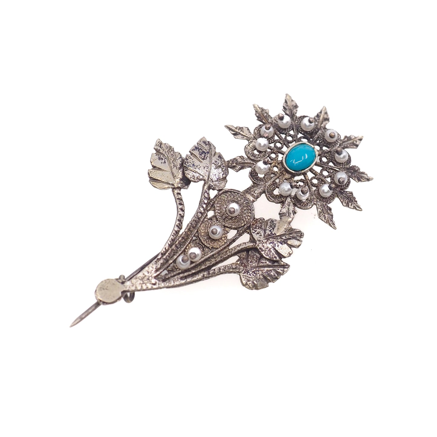 Antique 1890s Late Victorian 800 Silver, Turquoise, Imitation Pearl Floral Spray Brooch