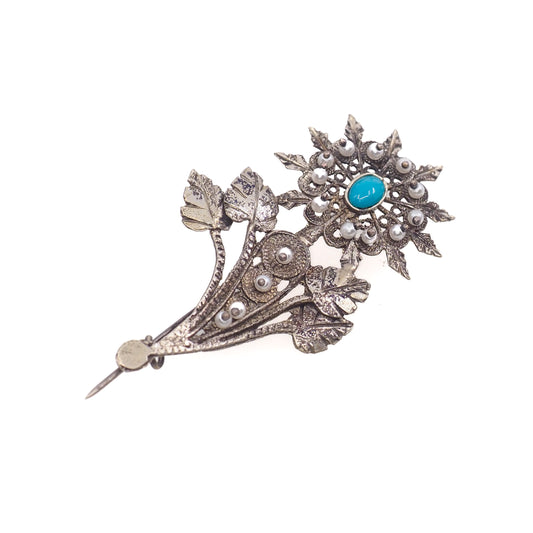 Antique 1890s Late Victorian 800 Silver, Turquoise, Imitation Pearl Floral Spray Brooch