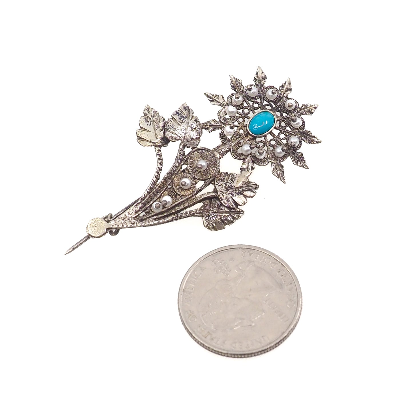 Antique 1890s Late Victorian 800 Silver, Turquoise, Imitation Pearl Floral Spray Brooch