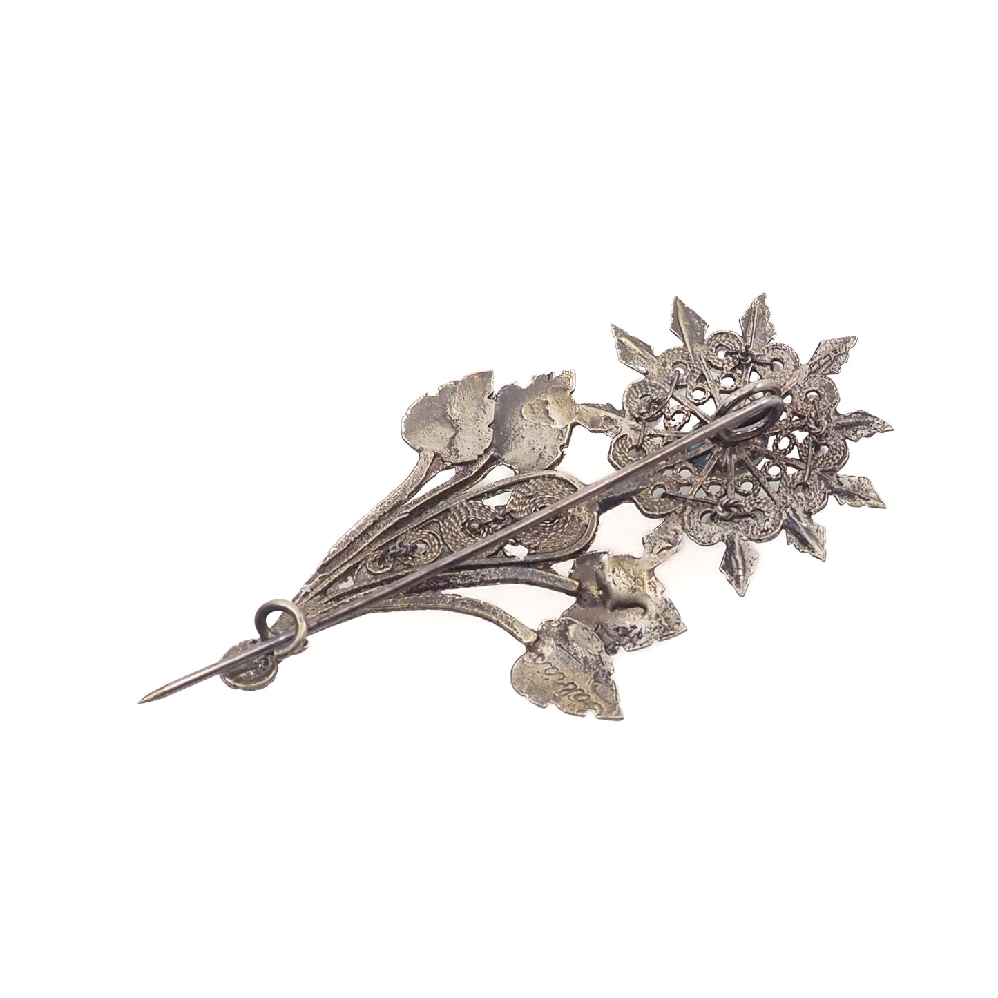 Antique 1890s Late Victorian 800 Silver, Turquoise, Imitation Pearl Floral Spray Brooch