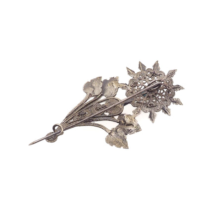 Antique 1890s Late Victorian 800 Silver, Turquoise, Imitation Pearl Floral Spray Brooch