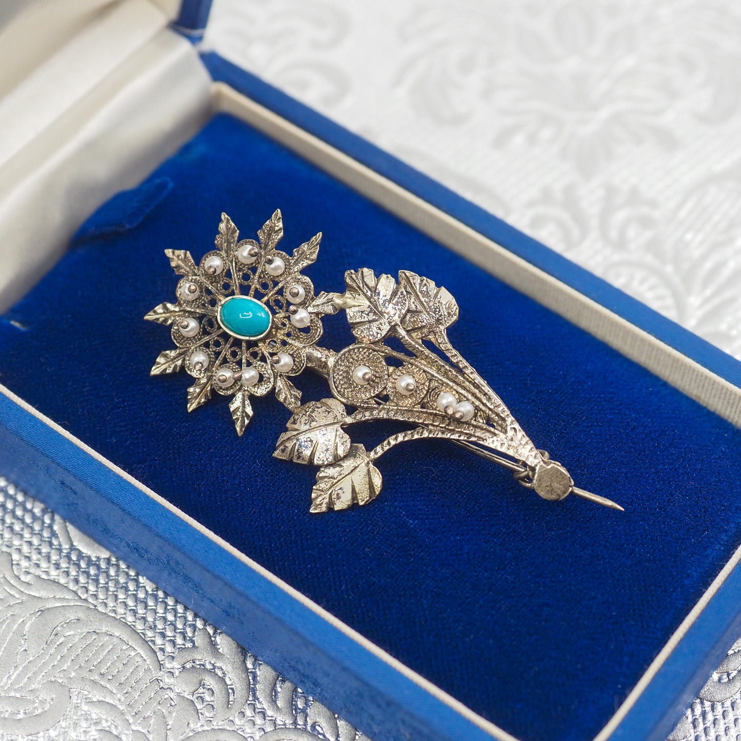 Antique 1890s Late Victorian 800 Silver, Turquoise, Imitation Pearl Floral Spray Brooch