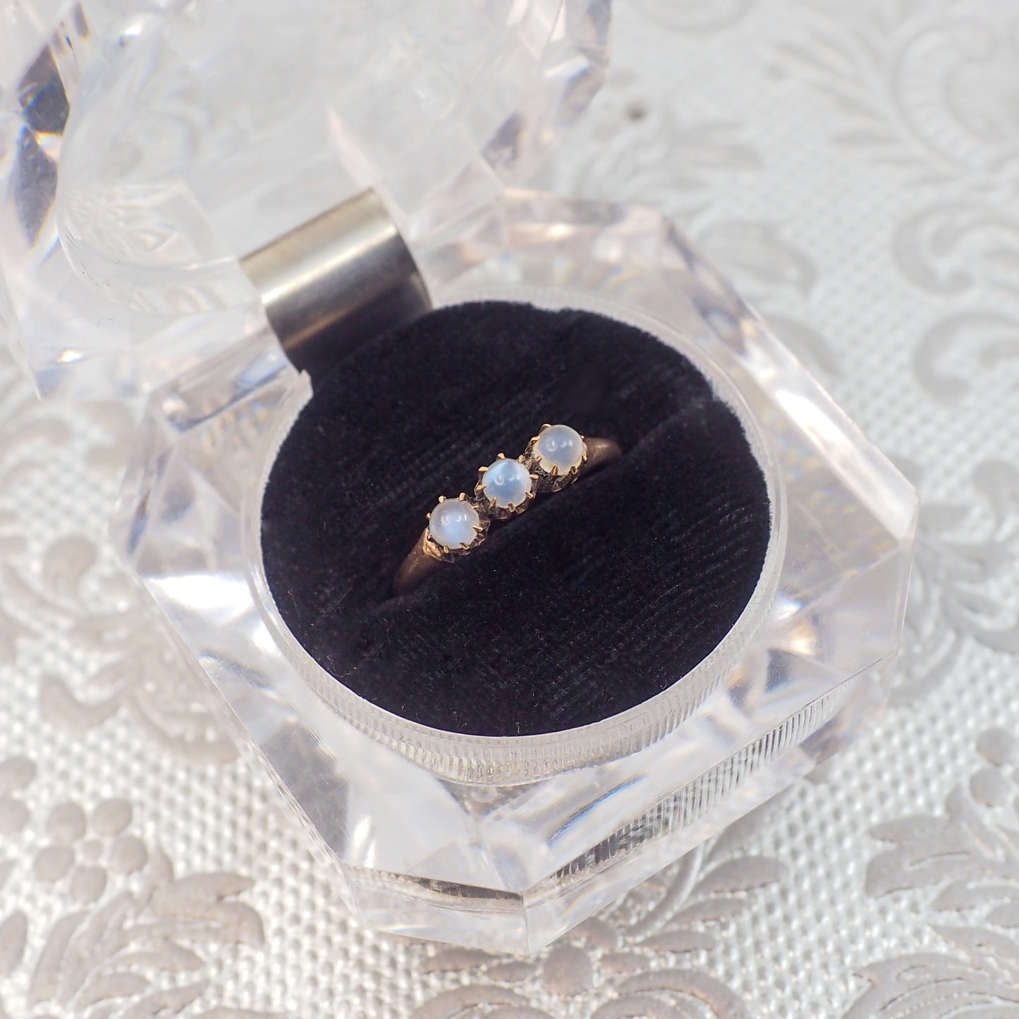 Antique 1890s Late Victorian Moonstone and 14K Yellow Gold Three Stone Ring Size 7.5