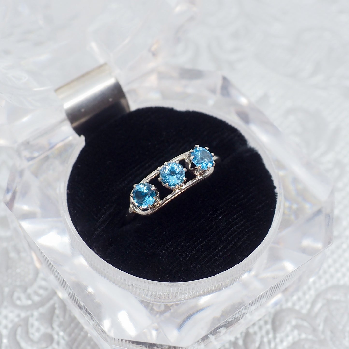 Vintage 1970s Blue Topaz and 800 Silver Three Stone Ring Size 7.75
