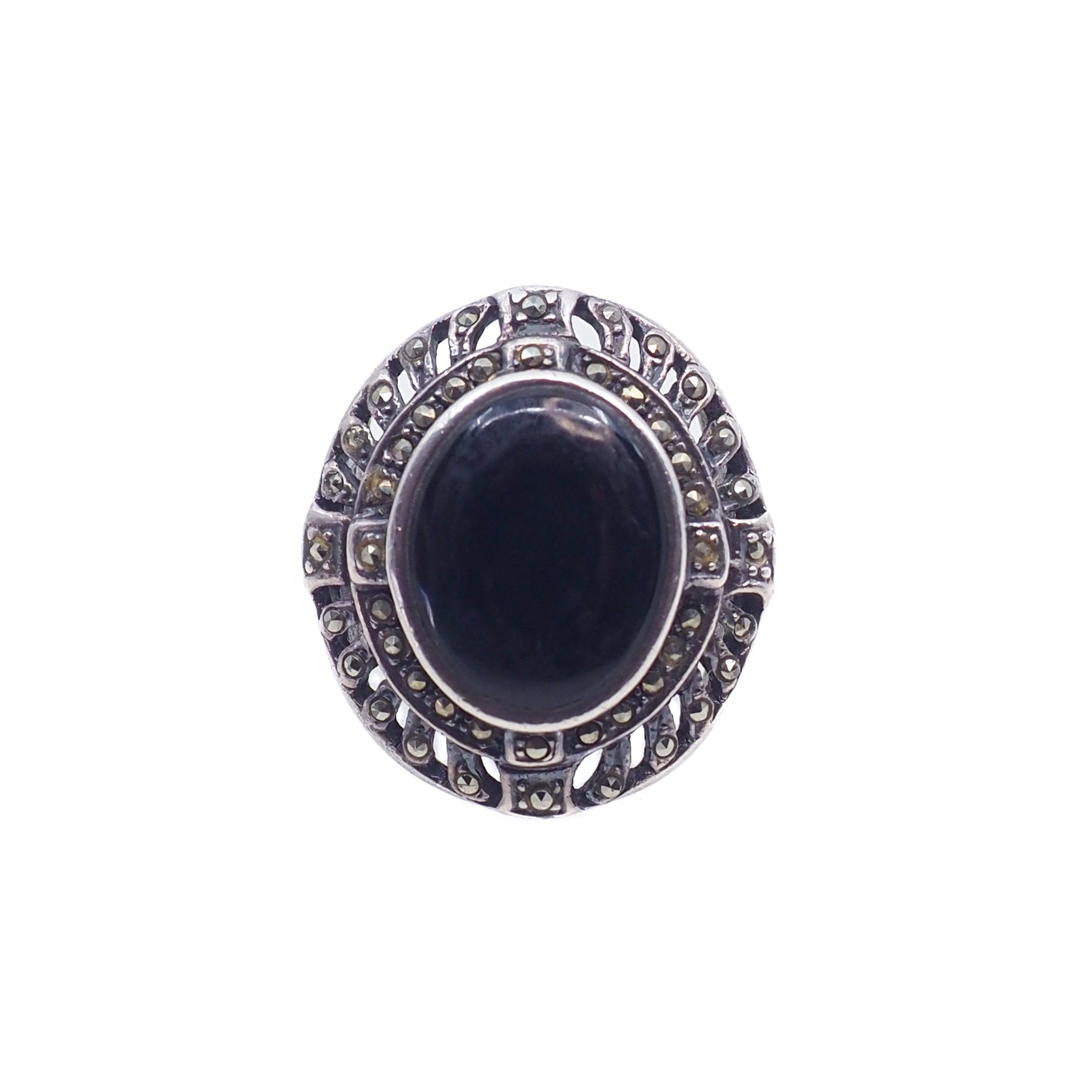 Vintage 1980s Black Onyx, Marcasite, and Sterling Silver Chunky