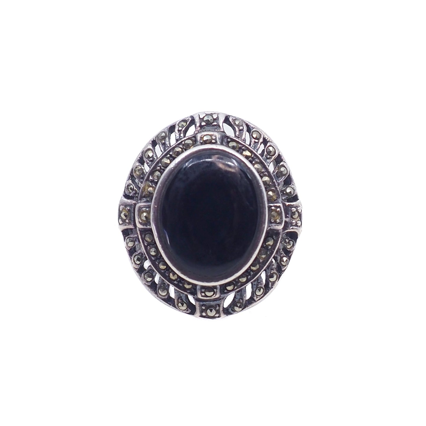 Vintage 1980s Black Onyx, Marcasite, and Sterling Silver Chunky Unisex Ring Size 7.25
