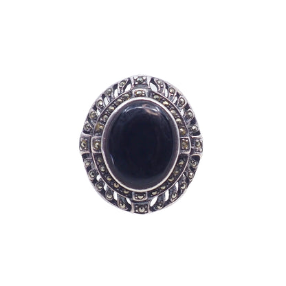 Vintage 1980s Black Onyx, Marcasite, and Sterling Silver Chunky Unisex Ring Size 7.25