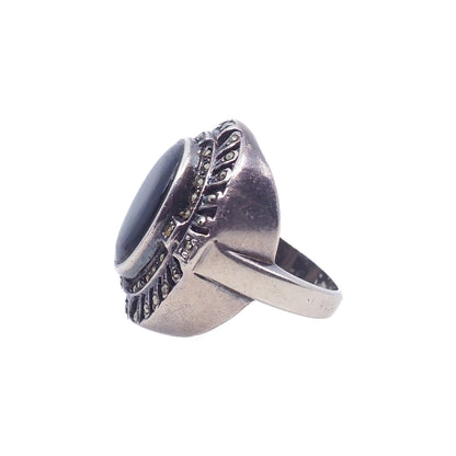 Vintage 1980s Black Onyx, Marcasite, and Sterling Silver Chunky Unisex Ring Size 7.25