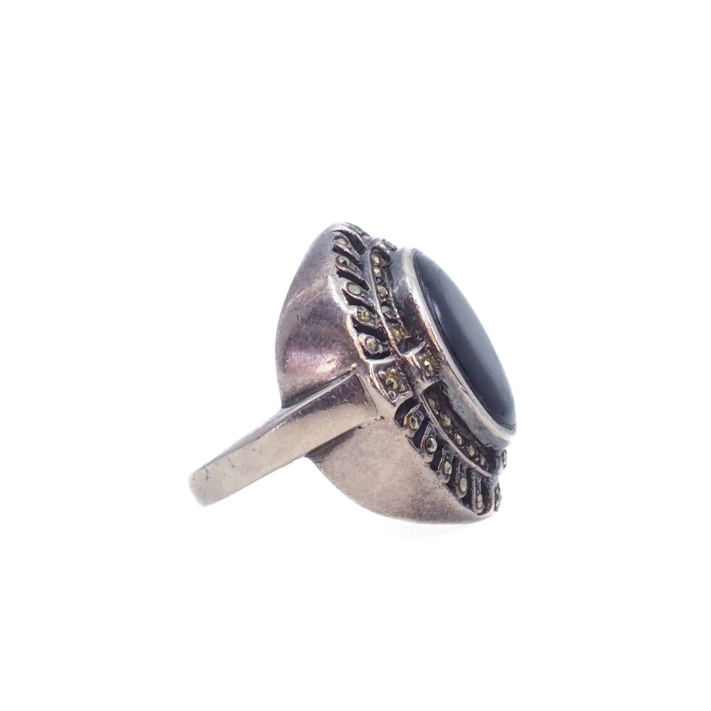 Vintage 1980s Black Onyx, Marcasite, and Sterling Silver Chunky Unisex Ring Size 7.25