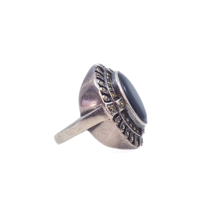 Vintage 1980s Black Onyx, Marcasite, and Sterling Silver Chunky Unisex Ring Size 7.25