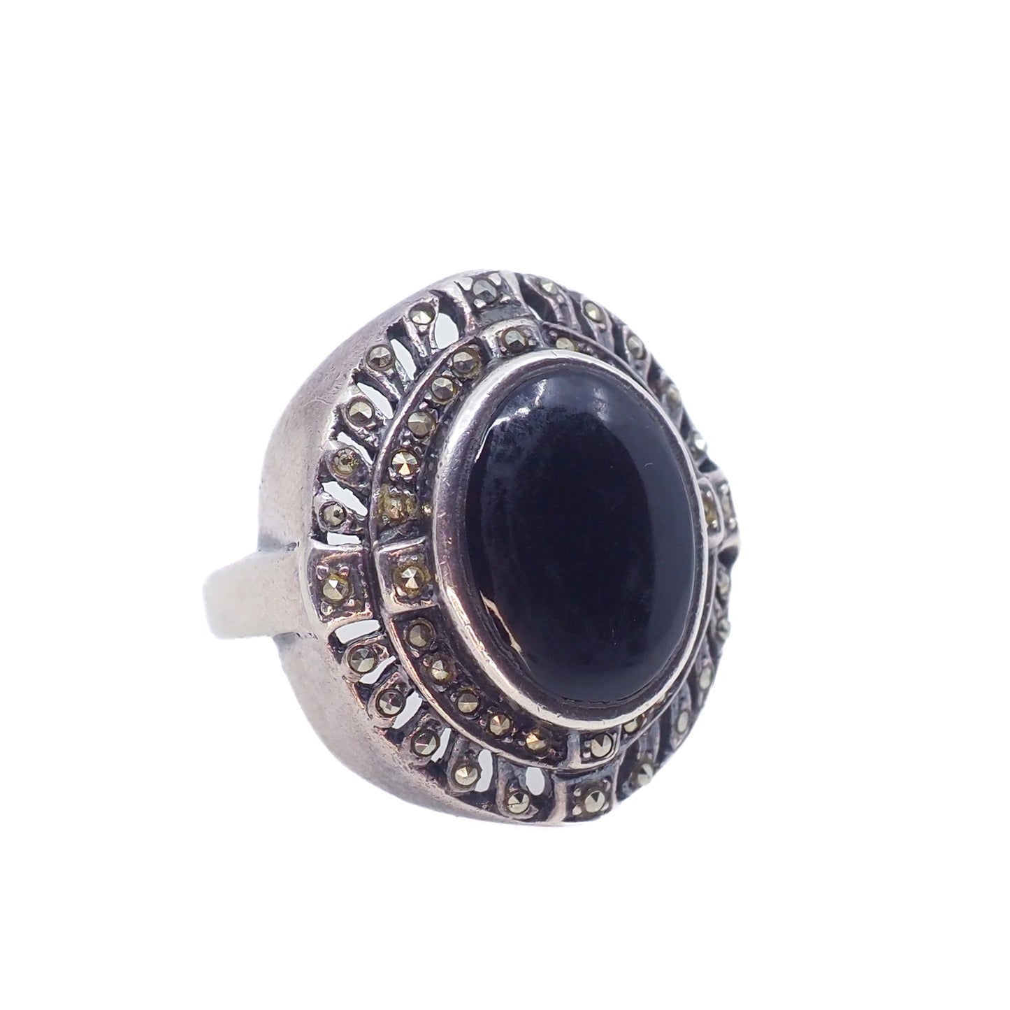 Vintage 1980s Black Onyx, Marcasite, and Sterling Silver Chunky Unisex Ring Size 7.25