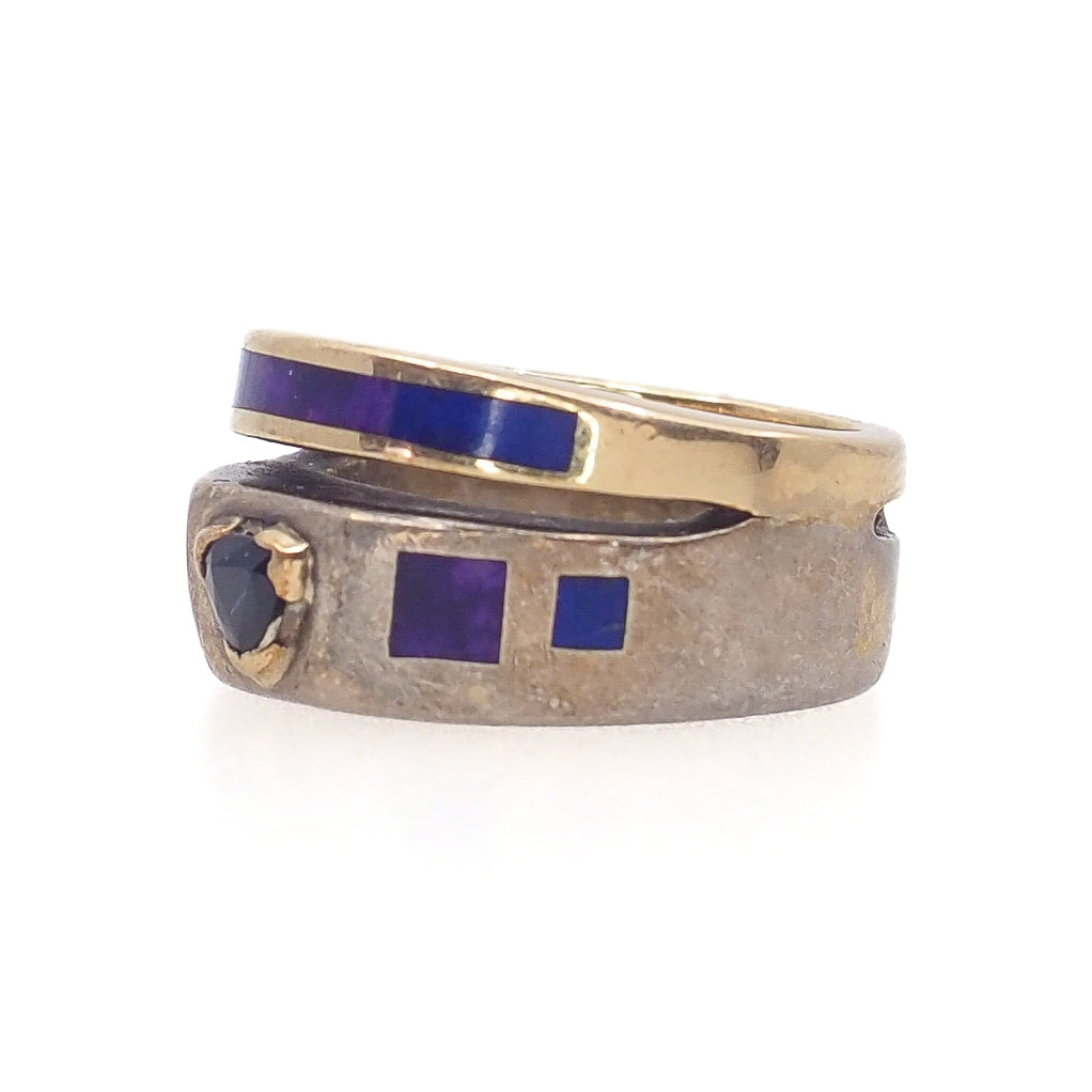 Vintage 1990s Sterling Silver, Lab Sapphire, Sugilite, Lapis, Vermeil Double Band Ring Size 8