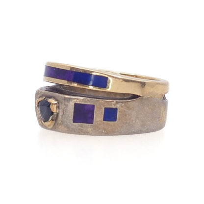 Vintage 1990s Sterling Silver, Lab Sapphire, Sugilite, Lapis, Vermeil Double Band Ring Size 8