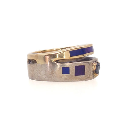 Vintage 1990s Sterling Silver, Lab Sapphire, Sugilite, Lapis, Vermeil Double Band Ring Size 8