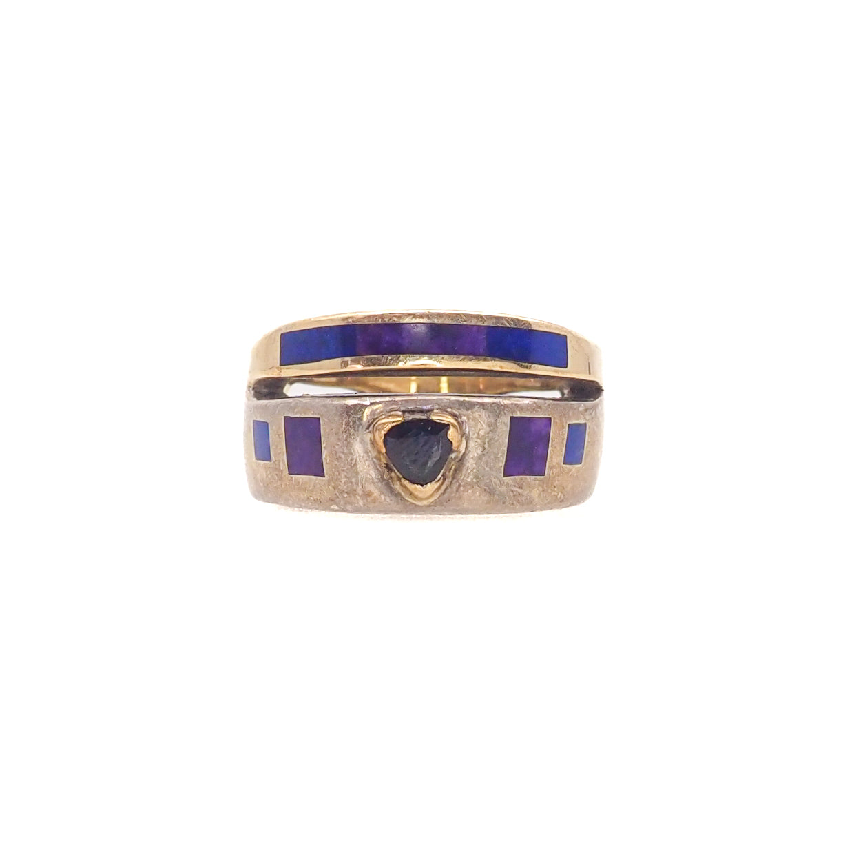 Vintage 1990s Sterling Silver, Lab Sapphire, Sugilite, Lapis, Vermeil Double Band Ring Size 8