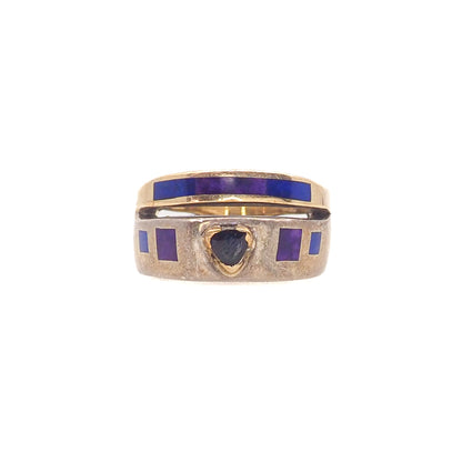 Vintage 1990s Sterling Silver, Lab Sapphire, Sugilite, Lapis, Vermeil Double Band Ring Size 8