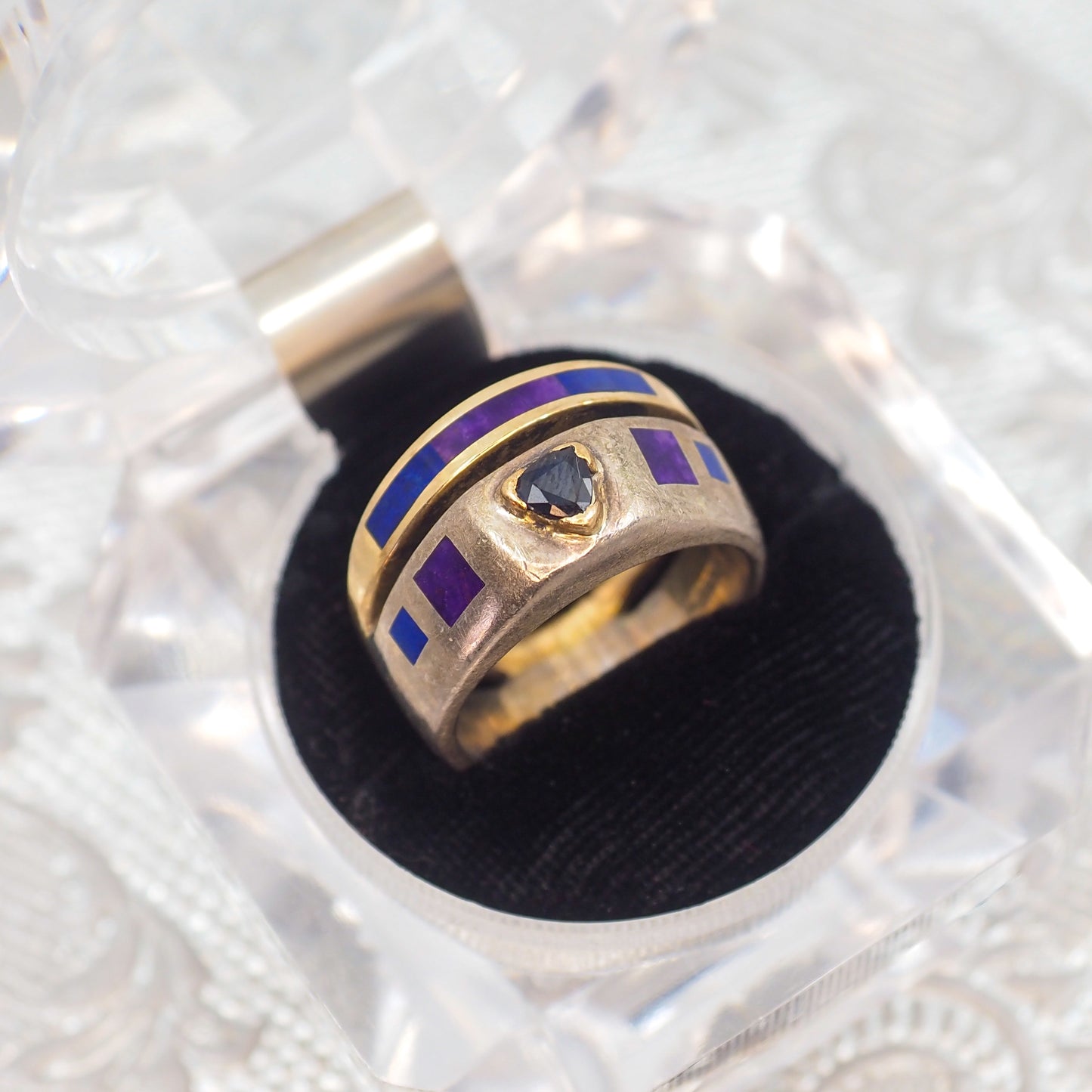 Vintage 1990s Sterling Silver, Lab Sapphire, Sugilite, Lapis, Vermeil Double Band Ring Size 8