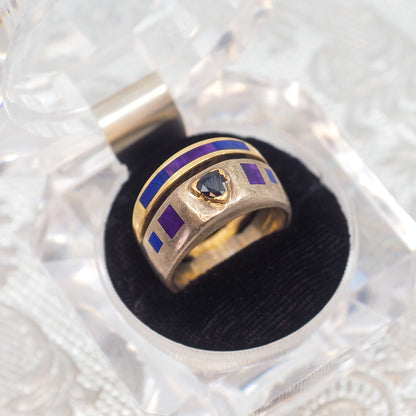 Vintage 1990s Sterling Silver, Lab Sapphire, Sugilite, Lapis, Vermeil Double Band Ring Size 8