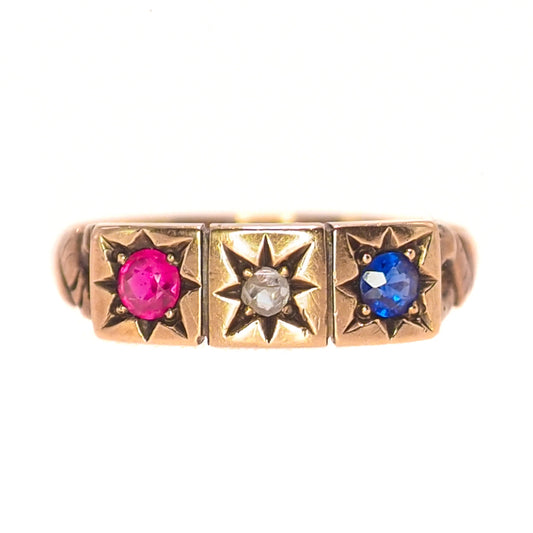 Antique 1900s Late Victorian Lab-Created Ruby, Sapphire, Natural Diamond, and 14K Yellow Gold Gypsy Ring Size 7.25 image 0