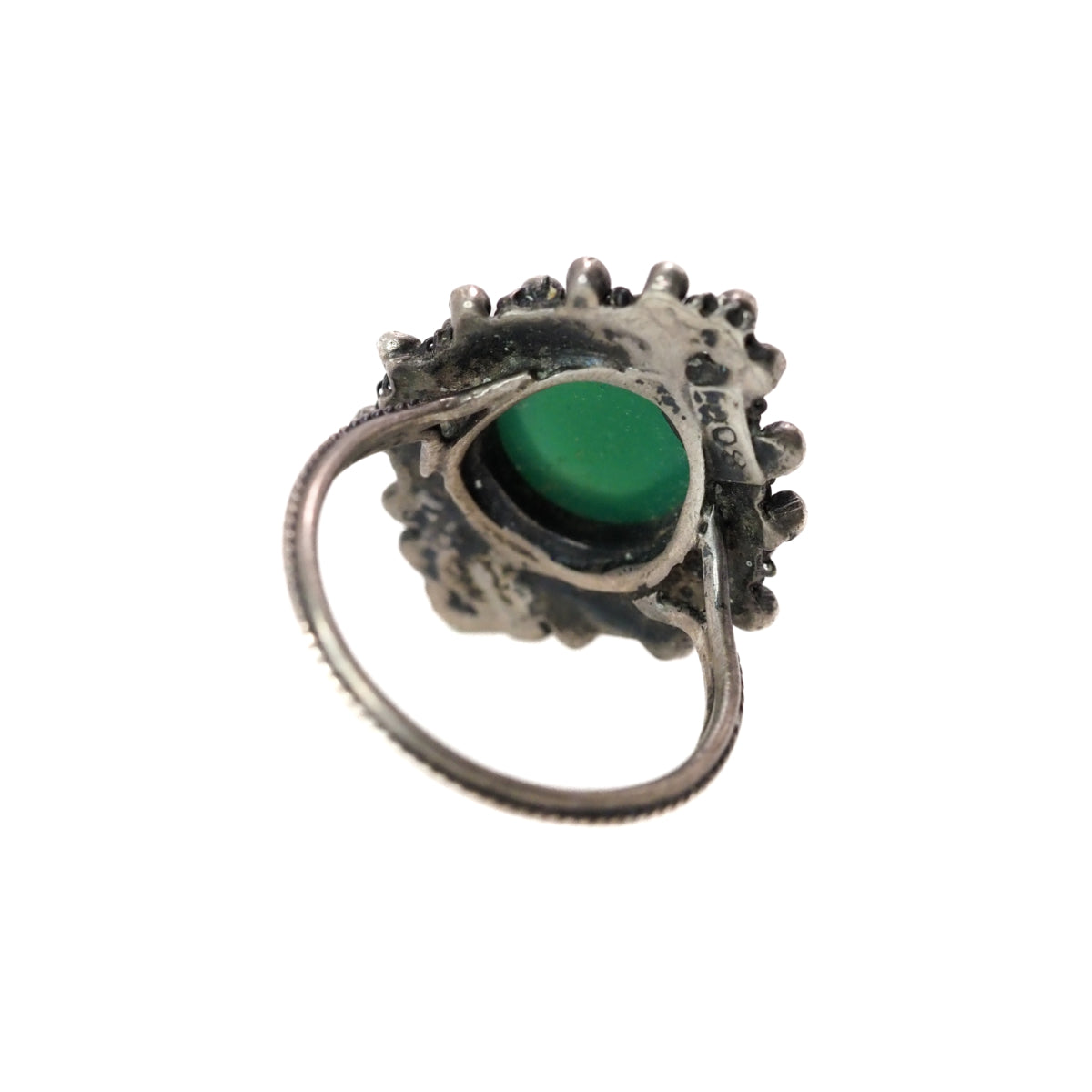 Vintage 1940s Green Chrysoprase and 800 Silver Cabochon Solitaire Marquise Ring Size 7.25 image 4