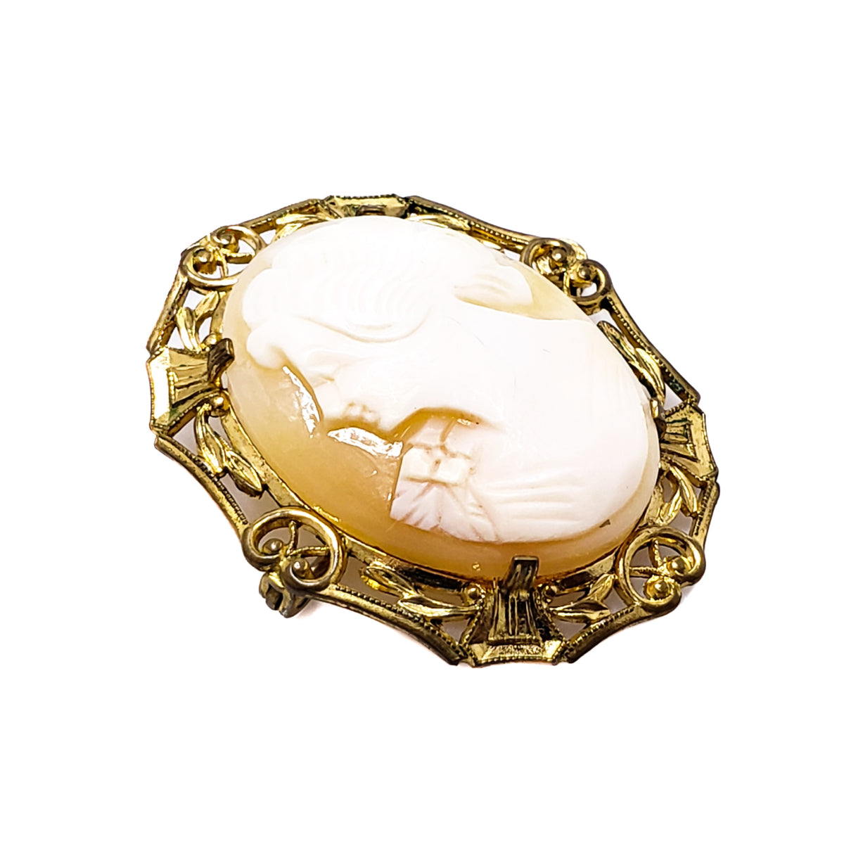 Antique 1910s Shell and Gold Filled Metal Carved Cameo Brooch image 1