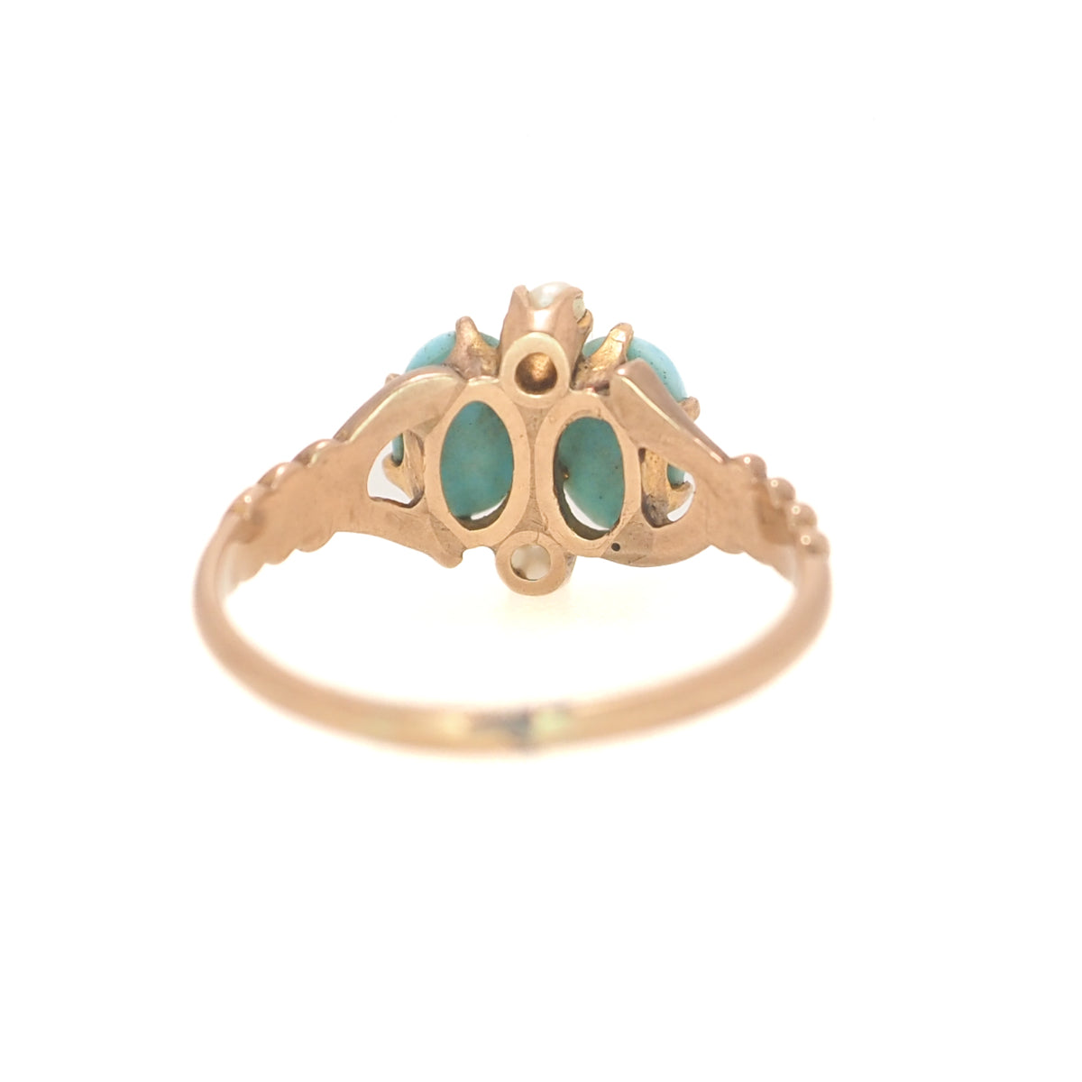 Antique 1890s Late Victorian Aesthetic Period Blue Turquoise, 14K Rose Gold, and Natural Seed Pearl Ring Size 8.25 image 4