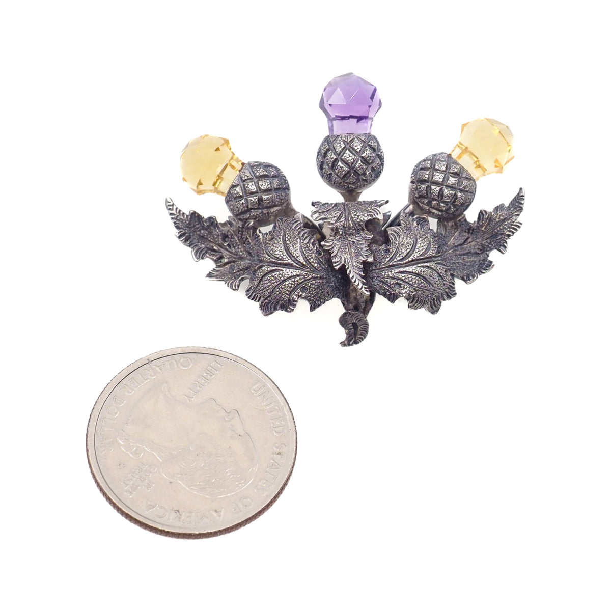 Antique 1910s Edwardian Silver and Imitation Cairngorm and Amethyst Scottish Thistle Brooch image 2