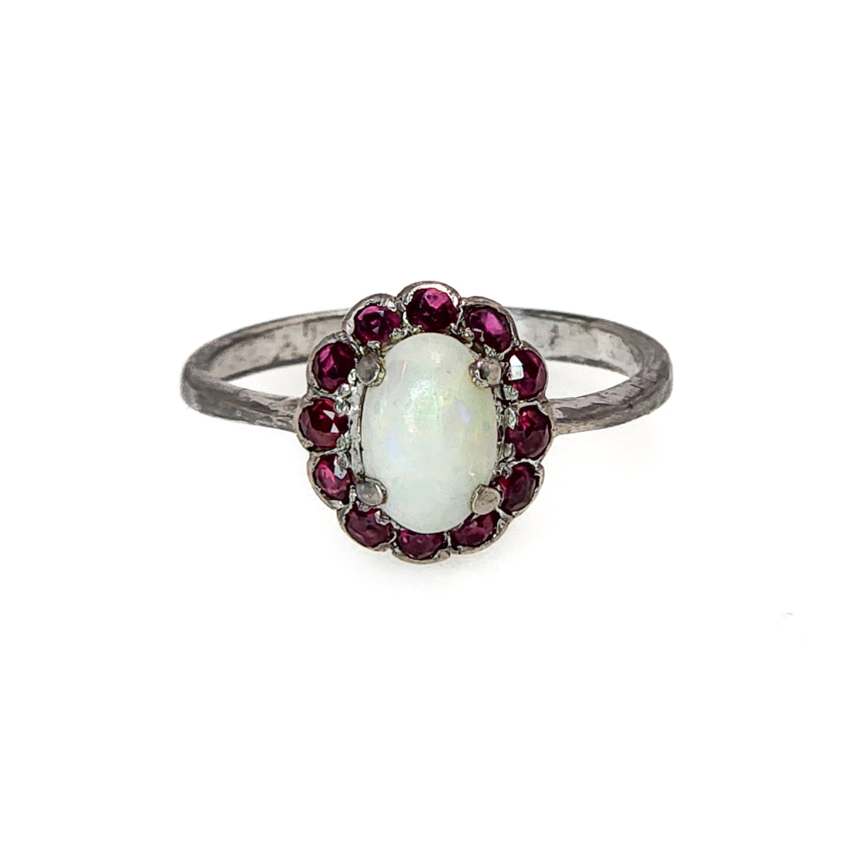 Antique 1910s White Opal and Red Spinel Halo Silver Ring Size 5 image 0