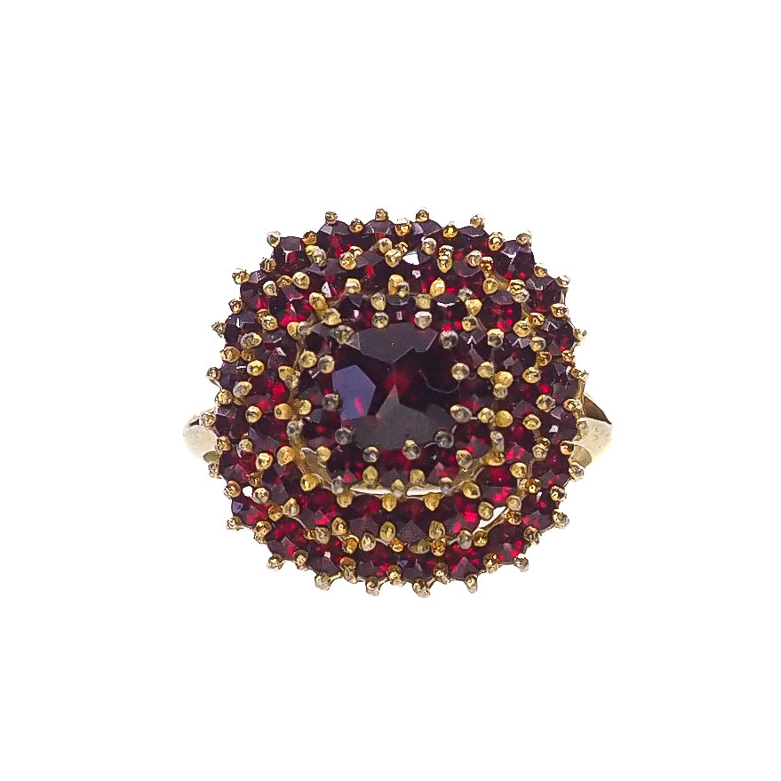 Vintage 1960s Red Rose Cut Pyrope Garnet, Sterling Silver Gold Wash Cluster Ring Size 6.5