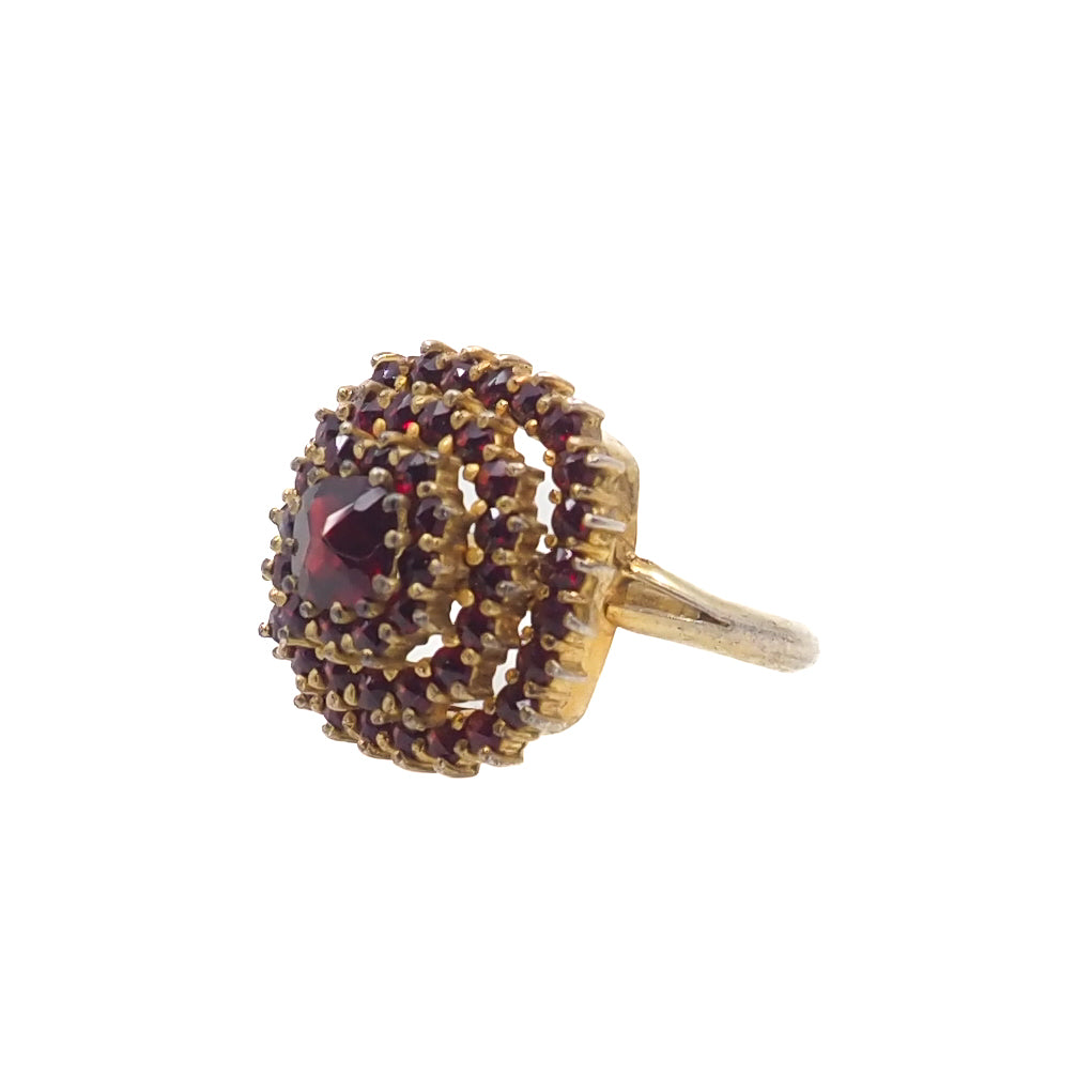 Vintage 1960s Red Rose Cut Pyrope Garnet, Sterling Silver Gold Wash Cluster Ring Size 6.5