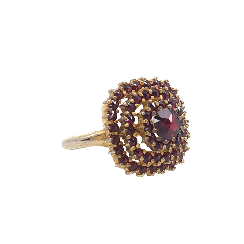 Vintage 1960s Red Rose Cut Pyrope Garnet, Sterling Silver Gold Wash Cluster Ring Size 6.5