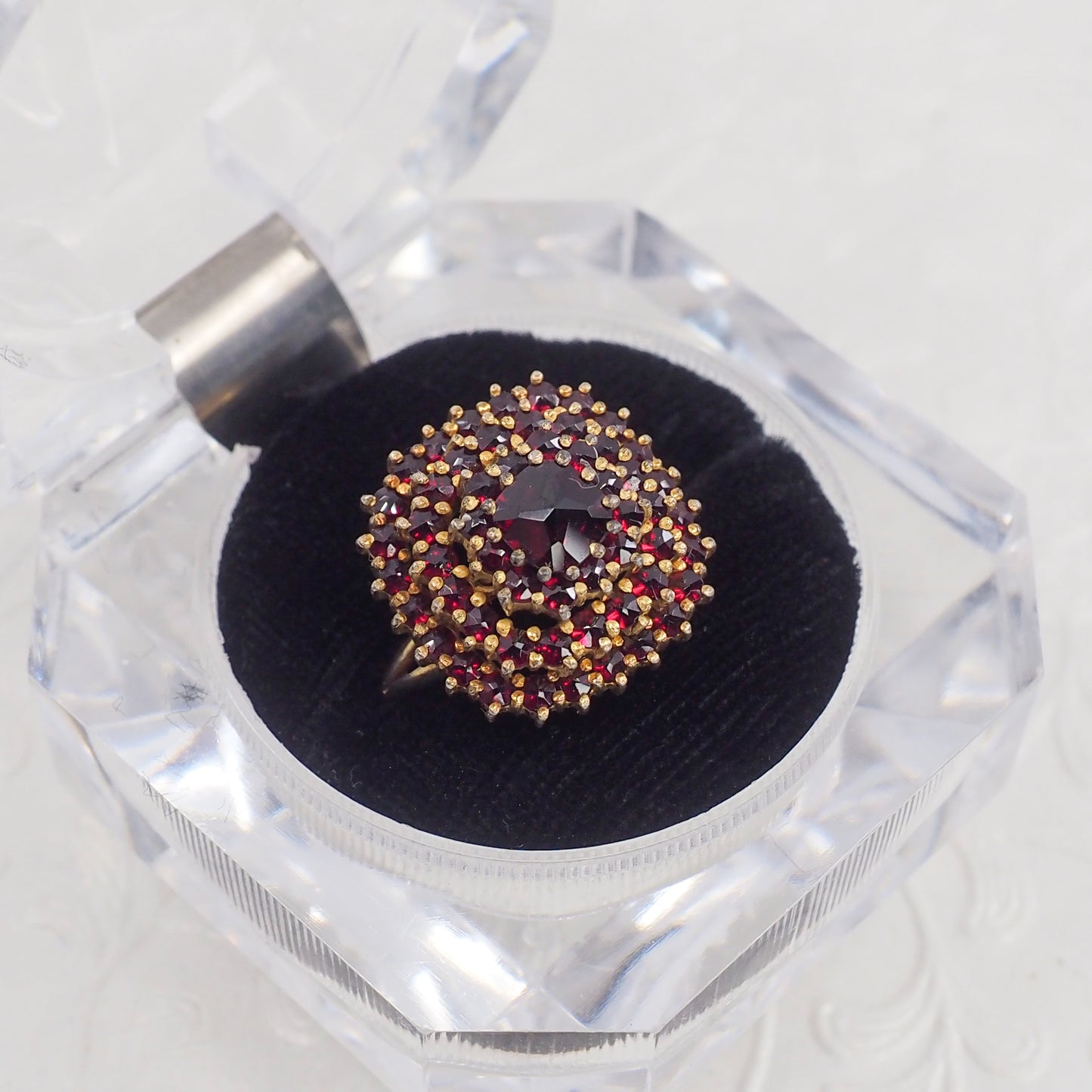 Vintage 1960s Red Rose Cut Pyrope Garnet, Sterling Silver Gold Wash Cluster Ring Size 6.5