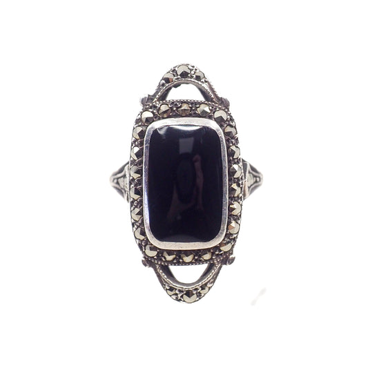 Vintage 1980s Black Onyx, Marcasite, and Sterling Silver Openwork Long Ring Size 7.25