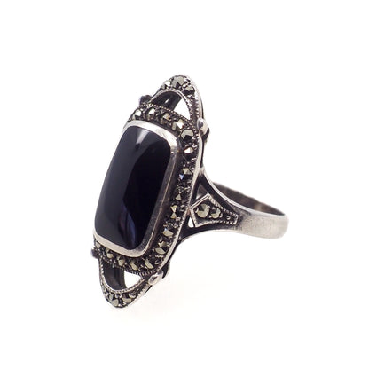 Vintage 1980s Black Onyx, Marcasite, and Sterling Silver Openwork Long Ring Size 7.25