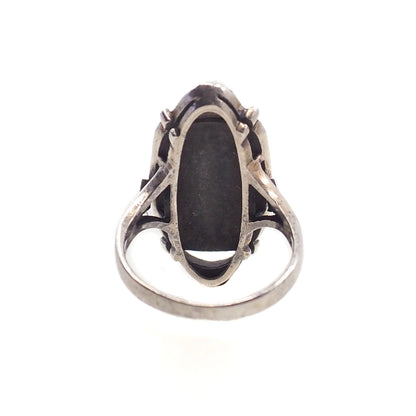 Vintage 1980s Black Onyx, Marcasite, and Sterling Silver Openwork Long Ring Size 7.25
