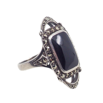 Vintage 1980s Black Onyx, Marcasite, and Sterling Silver Openwork Long Ring Size 7.25