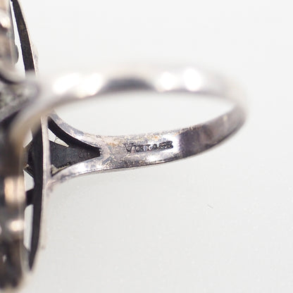 Vintage 1980s Black Onyx, Marcasite, and Sterling Silver Openwork Long Ring Size 7.25