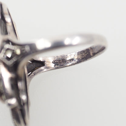 Vintage 1980s Black Onyx, Marcasite, and Sterling Silver Openwork Long Ring Size 7.25
