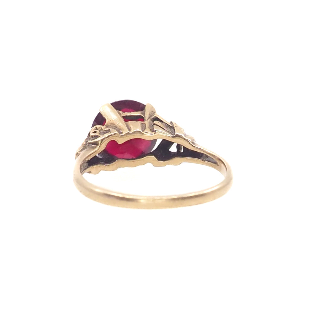 Vintage 1930s Round-Cut Red Glass and 10K Yellow Gold Flower Solitaire Ring Size 7