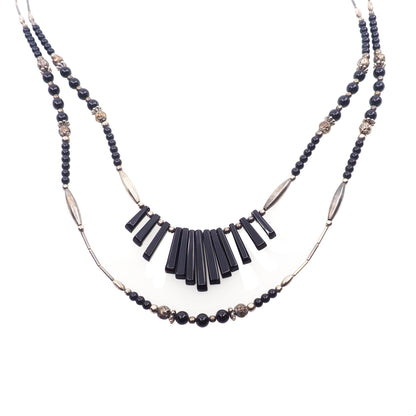 Vintage 1970s Black Onyx and Sterling Silver Collar Bib Double Strand Bead 24" Necklace